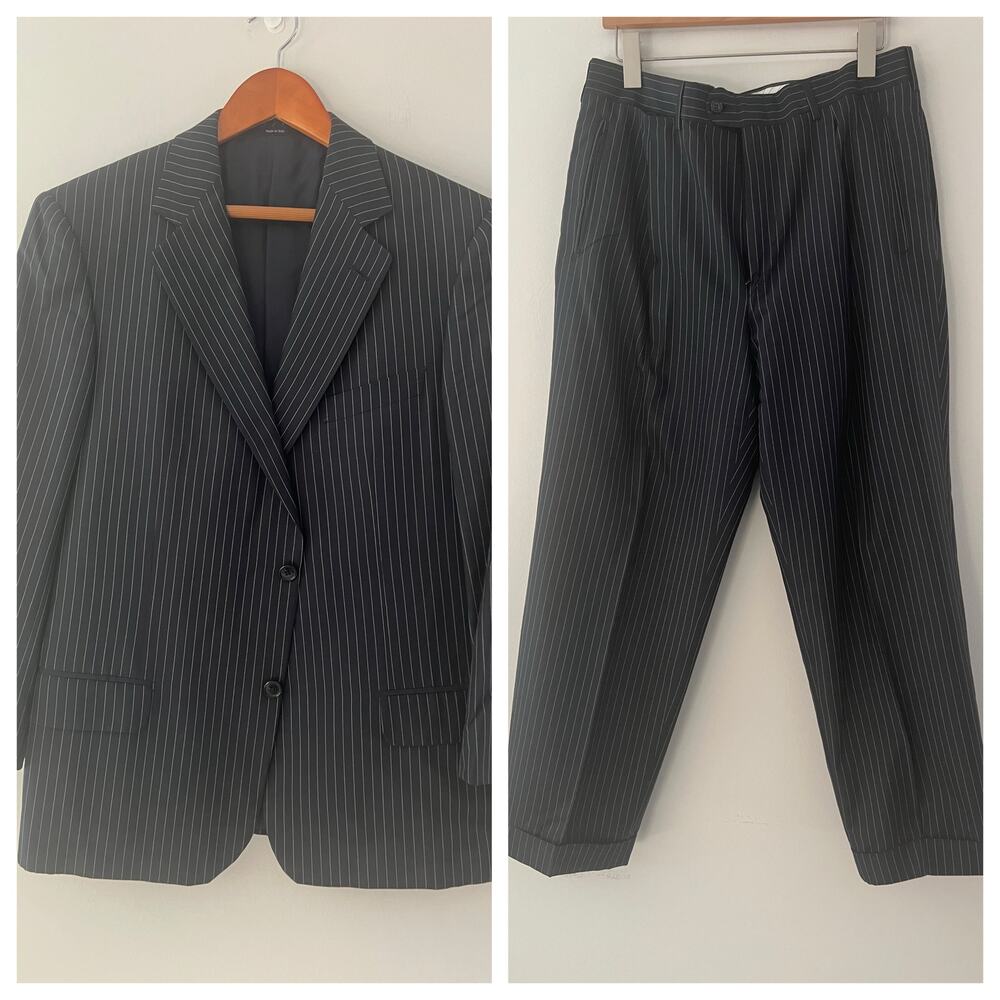 Ermenegildo Zegna Silk Pinstripe 2 Piece Suit Black White Size 52 IT JP